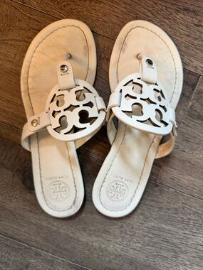 Tory Burch White Leather Miller Logo Thong Sandals